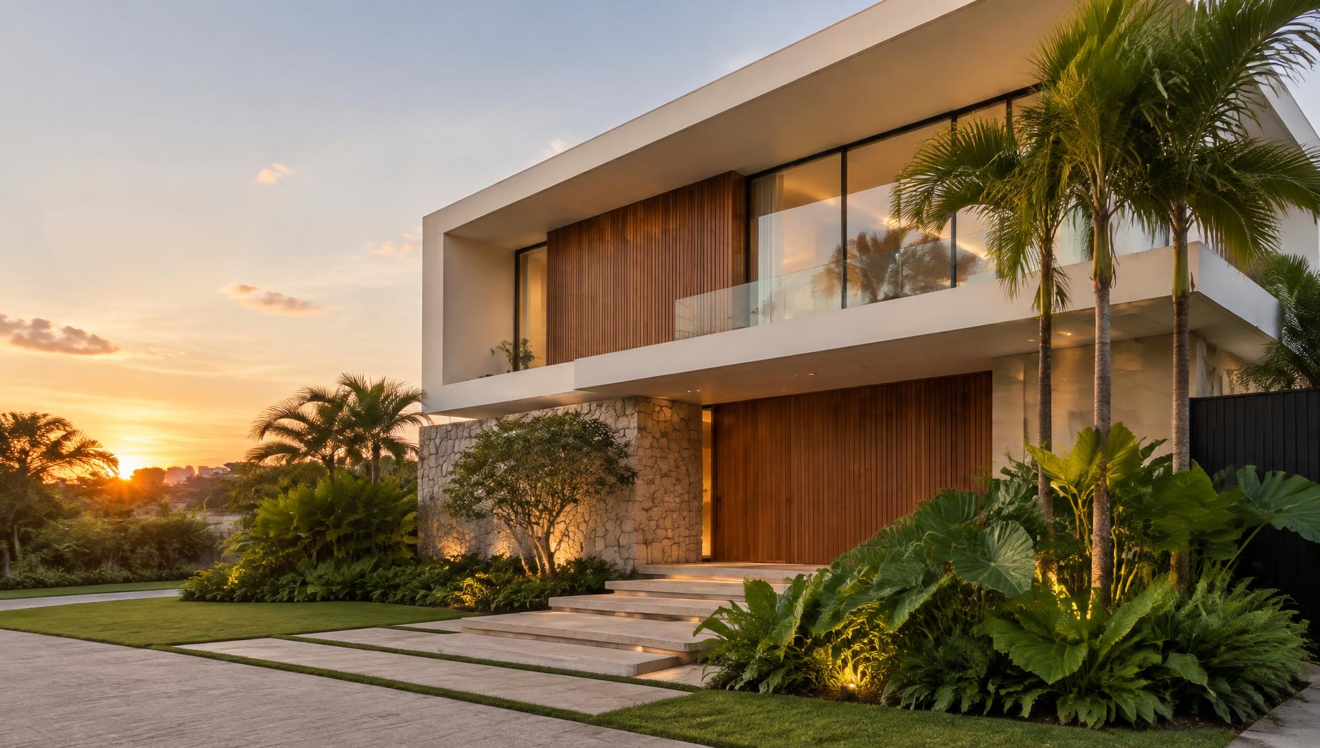 Casa contemporânea ao entardecer
